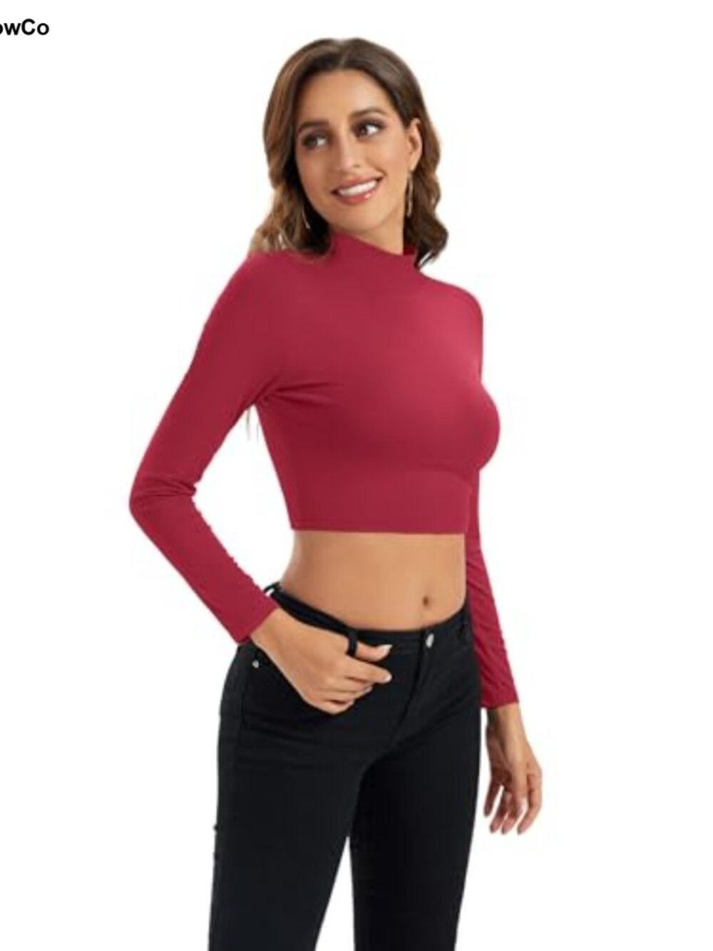Mock Neck Long Sleeve Crop Top Base Layer Slim Fit Stretch